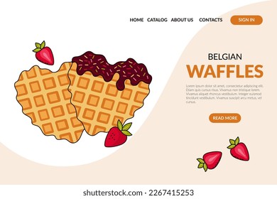 Web Page with Belgian waffles. Traditional dessert. Breakfast, fastfood. Banner, website, advertising, menu. Vector illustration in doodle style