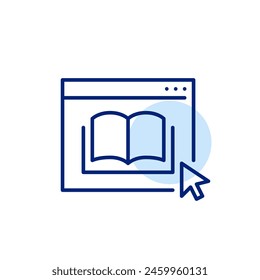 Web de página en el navegador con el libro y el ratón haciendo clic en él. Biblioteca digital. Acceso a libros en línea. Icono de Vector perfecto