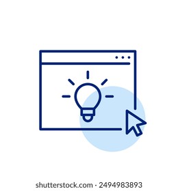 Página de Web en el navegador, bombilla y Hacer clic del ratón. Innovación en el Diseño web, desarrollo creativo, portal interactivo de aprendizaje. Icono de trazo perfecto y editable