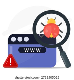 bug de página da Web sob um ícone de lupa, ideal para blogs técnicos, sites de segurança cibernética ou conceitos e apresentações de design digital.