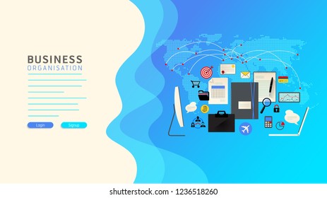 Web page of business organization, planning and advertising. Marketing analytics and strategy in social networks and social media. Flat design vector illustration easy editable for Your web design.