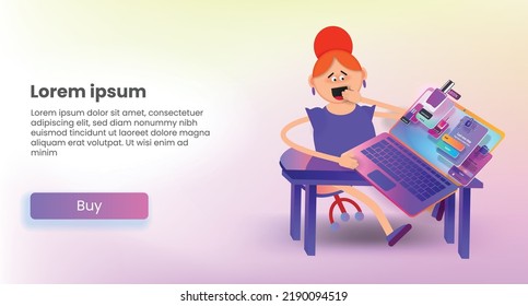 web page with a buy button and a girl with a laptop at the table. Vector banner