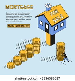 Web page for buying a house. Isometric illustration of a man creating steps out of coins to pay off his mortgage.