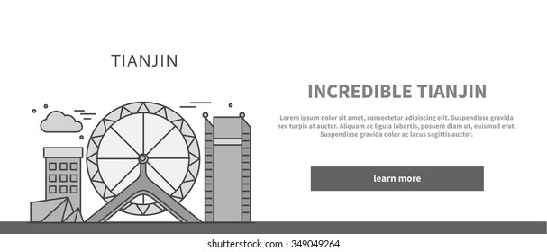 Web page chinese city of incredible Tianjin. Tianjin china, china city, city district, ferris wheel, scene structure house, info business, famous architecture illustration. Black on white
