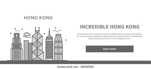 Web page chinese city of incredible Hong Kong. China and hong kong street, asia architecture, building asian, chinese skyscraper, urban famous downtown illustration. Black on white