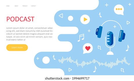 Web page with collection of podcast. Streaming, Online show, blogging, podcasting, podcast app, radio podcasting concept. Vector illustration of landing page for poster, banner, website.