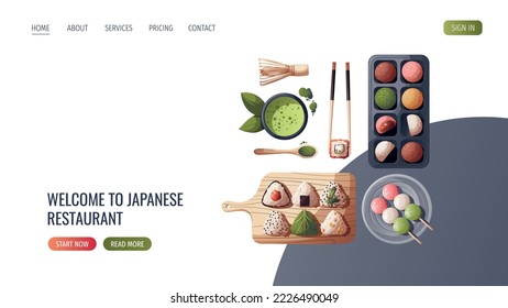 Web page with colorful Sweet Mochi, dango, matcha tea, onigiri. Japanese food, healthy eating, cooking, menu, sweet food, dessert concept. Vector illustration. Banner, website, advertising. 