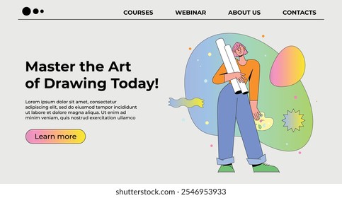 Web Page Concept for Art and Design School. Vector Illustration of Female Character, Student with Palette and Rolls of Paper. Vector Flat illustration.