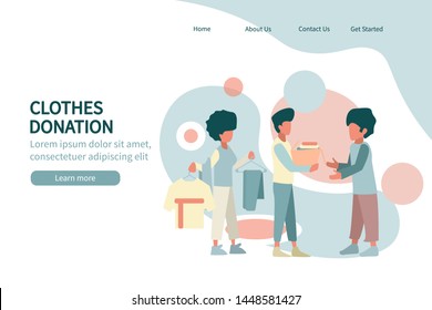 Web page concept for Donating old clothes for needy peoples website. Charity and donating landing page design. Mindful living. Slogan or inspiring banner.