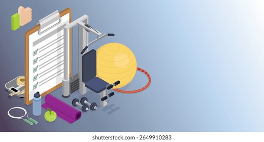 Web page concept for gym and fitness club. Composition with a strength training machine, dumbbells, checklist, skipping rope, hula hoop, water. Healthy lifestyle. 3d flat isometric vector illustration
