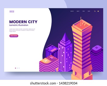 Web page concept with isometric modern city. Background with city skyscrapers. High-rise towers. Commercial real estate. Business center. Trendy gradient colors. Vector illustration.