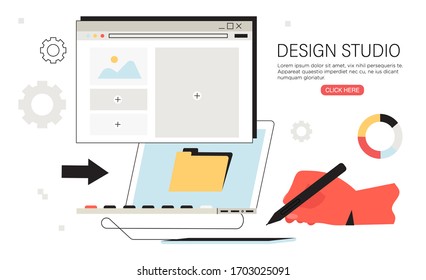 Web page creation, mobile application development for business, company, start up. Concept of landing page design, prototyping, ui ux. Laptop with new project template. Design studio creative banner.