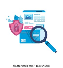 web page with credit card and magnifying glass vector illustration design