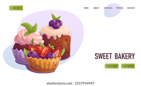 Web page with cupcakes. Vector illustration for bakery, dessert store, baking courses, sweet food. Web banner concept, landing page template.