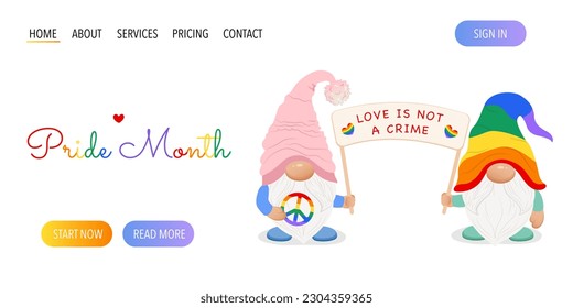 A web page with cute gey gnomes couple holding banner with text love is not a crime. Pride month.