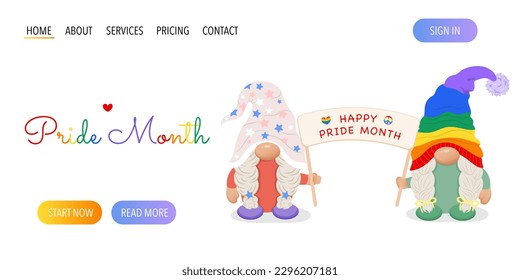 Una página web con una linda pareja de lesbianas gnomes con afiche que dice feliz mes del orgullo.