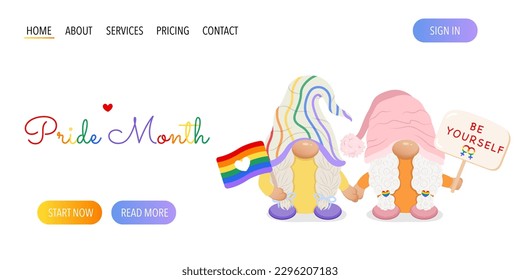 A web page with cute lesbian couple gnomes with lgbt flag and poster that says be yourself .
