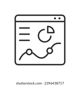 Página Web con análisis de datos, icono lineal. Gráficos y diagramas en la página. Línea con trazo editable