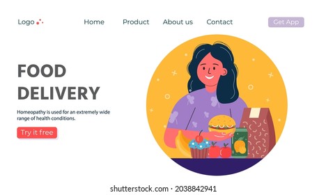  Web page with delivery service of takeaway food. Mobile application for product online order. Vector illustration