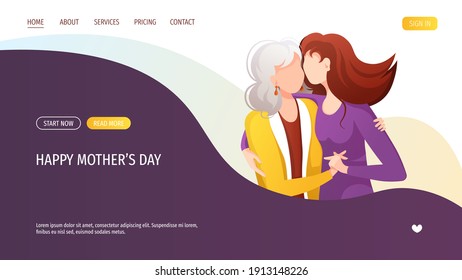 Web page design with adult daughter hugging her old mother with love. Motherhood, Parenthood, Childhood, Mother's Day Happy family concept. Vector Illustration for poster, banner, website.