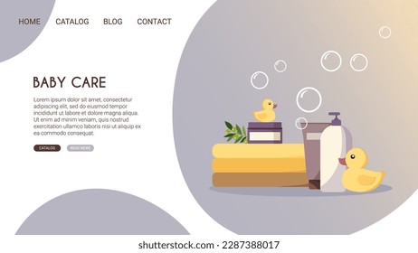 Diseño de páginas web con cosméticos de cuidado de bebés. Sitio web, afiche, banner publicitario. champú natural, crema, gel, burbujas de jabón, patos de goma, toallas. Ilustración vectorial de stock en estilo plano