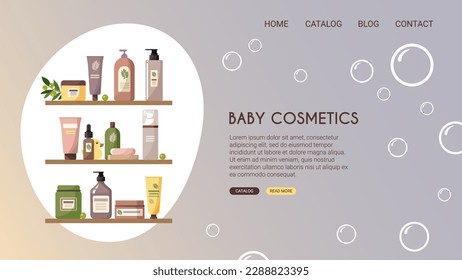 Web page design with baby cosmetics. Shelves with baby shampoo, gel, cream, powder, soap, yellow rubber duck. Natural baby cosmetics. Landing page template. Stock vector illustration.