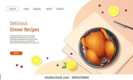 Web Page Design With Baked Or Rotisserie Chicken On The Plate, Lemon And Berries. Cooking, Dinner, Recipes, Restaurant Menu Concept. Vector Illustration For Banner, Poster, Website, Menu, Flyer.