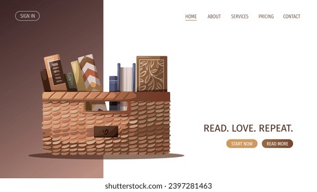 Diseño de páginas web con cesta con libro. Librería, librería, amante de los libros, lectura, concepto interior. Ilustración vectorial para sitio web, banner, afiche.