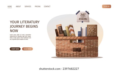 Diseño de páginas web con cesta con libro. Librería, librería, amante de los libros, lectura, concepto interior. Ilustración vectorial para sitio web, banner, afiche.