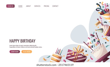 Web page design with Birthday cakes, gifts, party hat, cupcake. Birthday party, celebration, congratulations, invitation concept. Vector illustration for website, banner. 