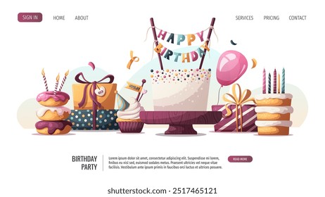 Web design página com bolos de aniversário, presentes, rosquinhas, balão, cupcake. Festa de aniversário, celebração, parabéns, conceito do convite. Ilustração vetorial para site, banner. 