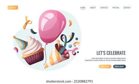 Design de página da Web com cupcake de aniversário, chapéu de festa e balão. Festa de aniversário, celebração, parabéns, conceito do convite. Ilustração vetorial para site, banner. 