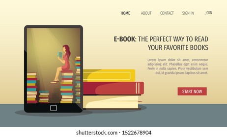 Web page design for bookstore, book lovers, e-book reader. Electronic reader and pile of books. Vector illustration for poster, banner and website development.