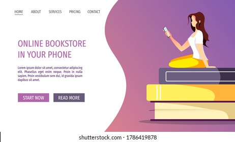 Web page design for bookstore, bookshop, book lovers, E-book reader, E-library. Woman sitting with phone on the stack of books. Vector illustration for poster, banner, advertising.