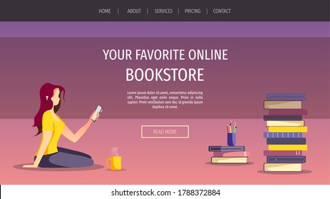 Web page design for bookstore, bookshop, book lovers, E-book reader, E-library. Woman sitting with phone and stacks of books. Vector illustration for poster, banner, website advertising.