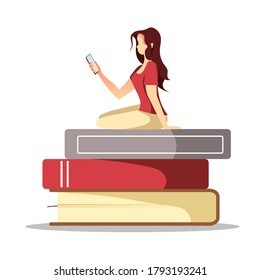 Web page design for bookstore, bookshop, book lovers, E-book reader, E-library. Woman sitting with phone on the stack of books. Isolated vector illustration for poster, banner, cover.