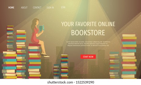 Web page design for bookstore, online library, book lovers, bibliophiles. Piles of books and Woman reading book. Vector illustration for poster, banner and website development.