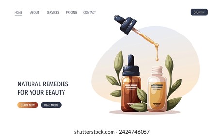 Webseitendesign mit Serumflaschen. Schönheit, Hautpflege, Kosmetik-Konzept. Vektor-Illustration für Banner, Website, Poster.