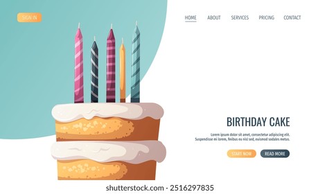 Diseño de página de Web con pastel y velas. Fiesta de cumpleaños, celebración, felicitaciones, concepto de invitación. Ilustración vectorial para el Sitio web, Anuncio.