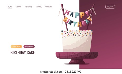 Web design página com bolo e velas. Festa de aniversário, celebração, parabéns, conceito do convite. Ilustração vetorial para site, banner.