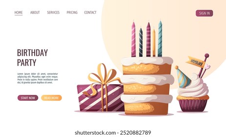 Web page design with cake, cupcake, and birthday gift. Birthday party, celebration, congratulations, invitation concept. Vector illustration for website, banner.