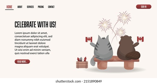 Web Page Design for Canada Day Celebration with Cat and Beaver watching Fireworks, Cartoon
