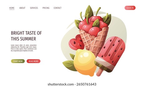 Web page design with cherries in a waffle cone, watermelon popsicle, lemon. Vector illustration for website, promo, banner.	
