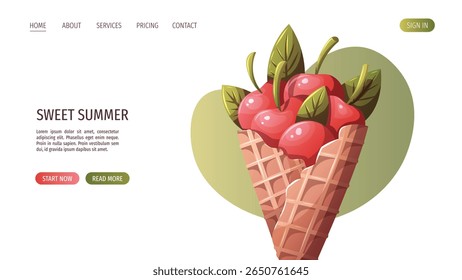 Web page design with cherries in a waffle cone. Vector illustration for website, promo, banner.