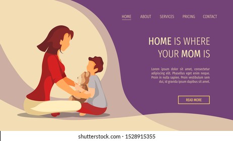 Web page design for Childhood, Motherhood, Parenthood. Mother and child are sitting together. Vector illustration for poster, banner and website development.