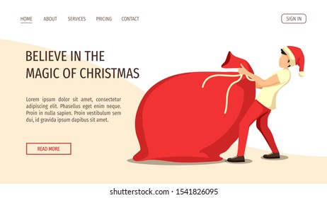 Web page design for Christmas, New Year, gifts, winter holidays. Man in Santa Claus hat pulling a big red bag. Vector illustration for poster, banner, flyer, website.