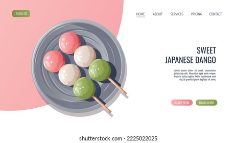 Webseitendesign mit buntem Sweet Dango auf dem Teller. Japanisches Essen, gesundes Essen, Kochen, Menü, süßes Essen, Dessertkonzept. Vektorgrafik. BAnner, Website, Werbung.