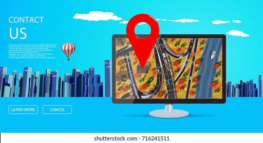 Web page design with computer display with autumn city map