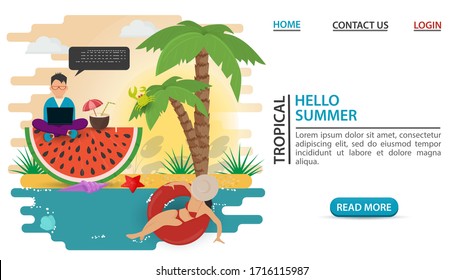 web page design concept, banner, summer vacation, people talking working on a laptop sitting on a slice of watermelon, on a sandy beach, flat vector illustration cartoon