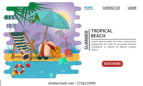 web page design concept, banner, summer vacation, people talking working on a laptop sitting on a slice of watermelon, on a sandy beach, flat vector illustration cartoon